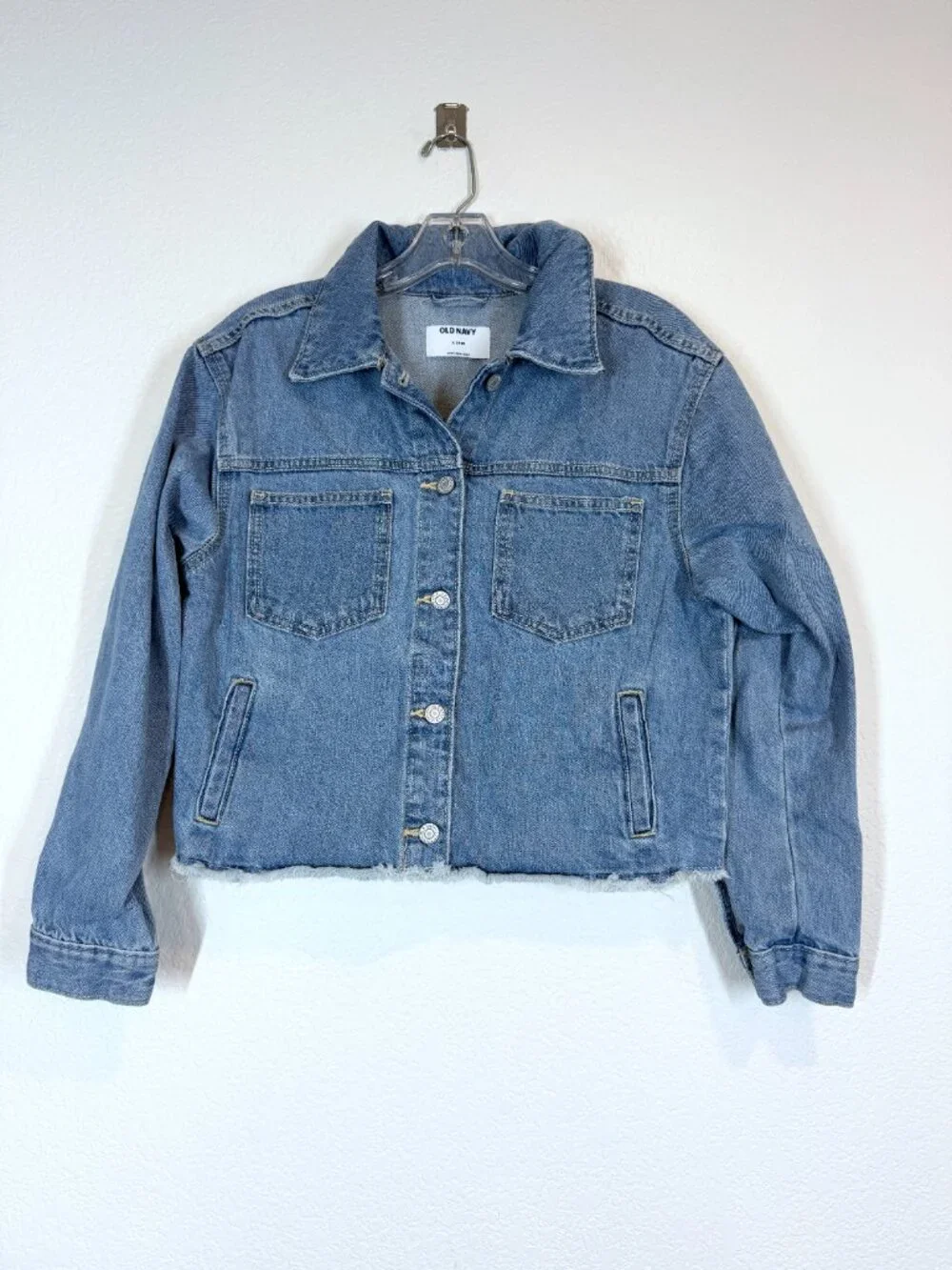 Old Navy Denim Jean Jacket Flower XL 14-16 Patchwork Cropped Blue Retro Y2K